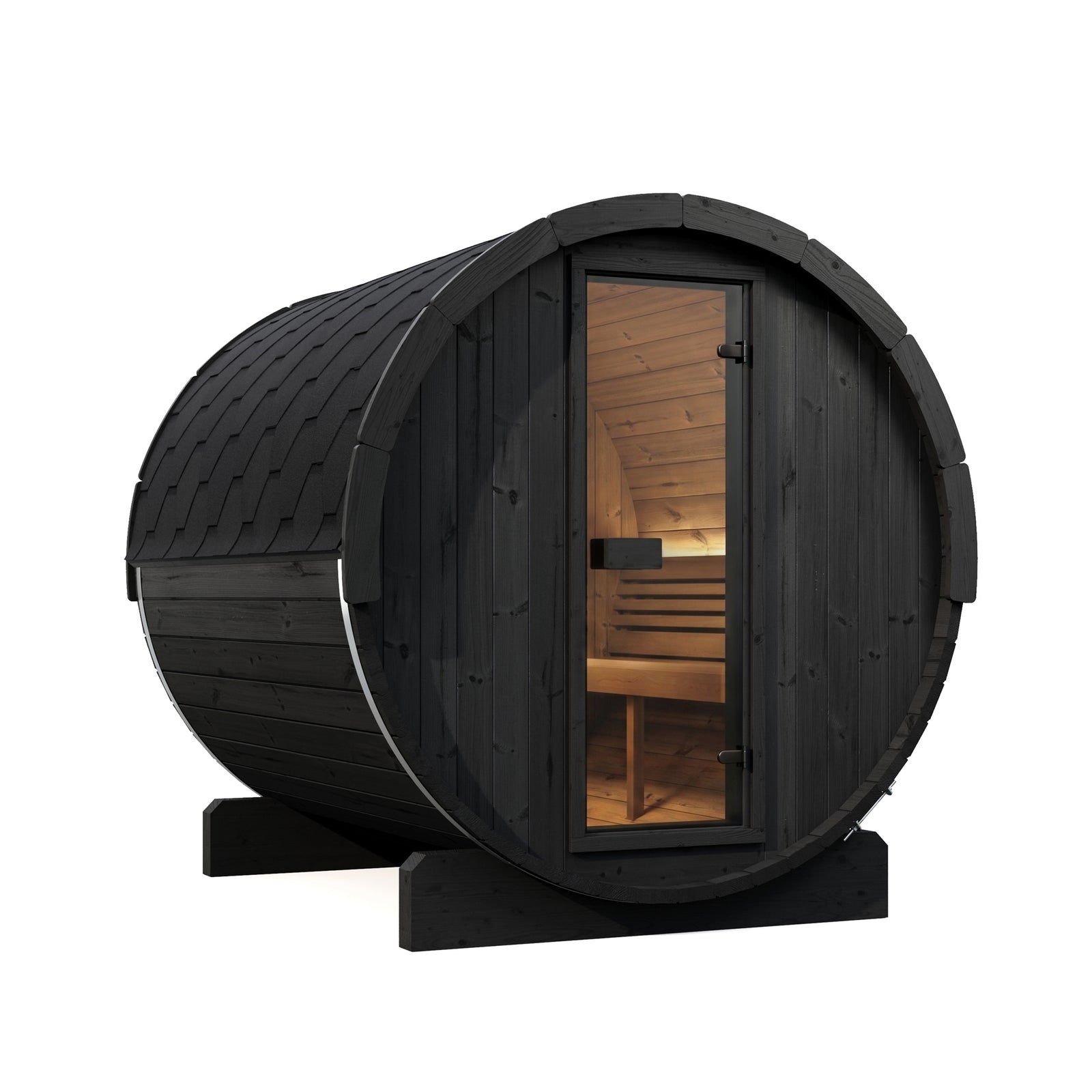 SaunaLife E8B modern wooden sauna cabin with a dark charcoal-black exterior and a warm wood interior, shown on a plain white background.