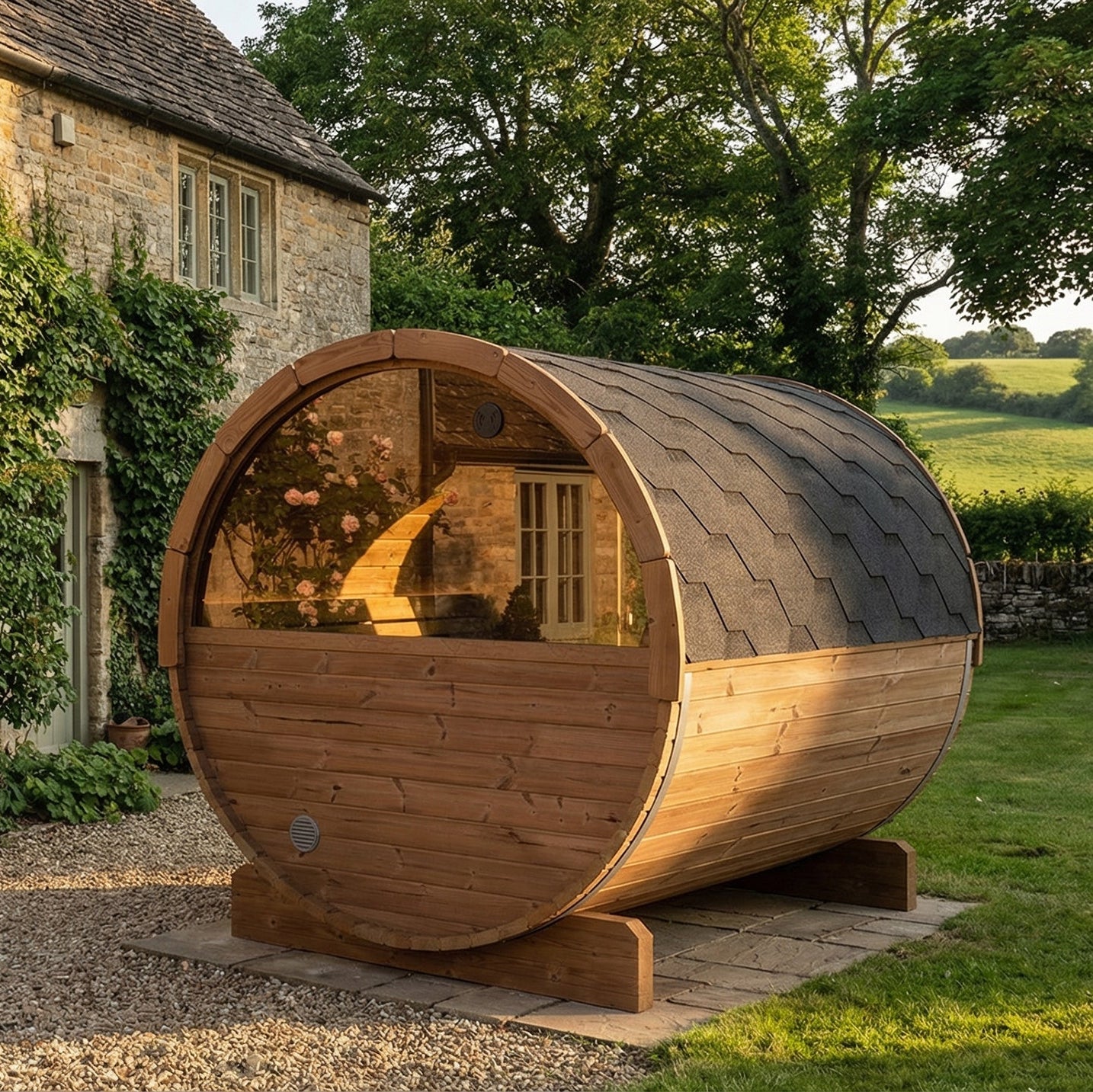 Panoramic half-moon rear window on SaunaLife E8W wooden barrel-style outdoor sauna, with a dark shingled curved roof, parked on a stone slab beside a stone house in a grassy yard with trees.