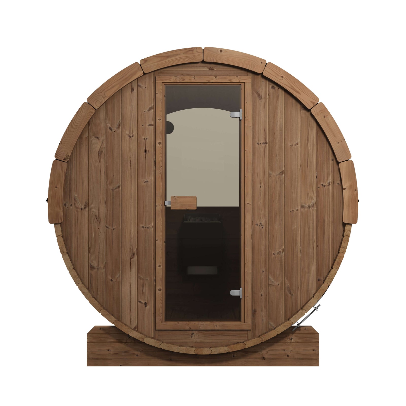 Round wooden SaunaLife E8W sauna cabin with a glass door and a wooden base, shown against a plain white background.