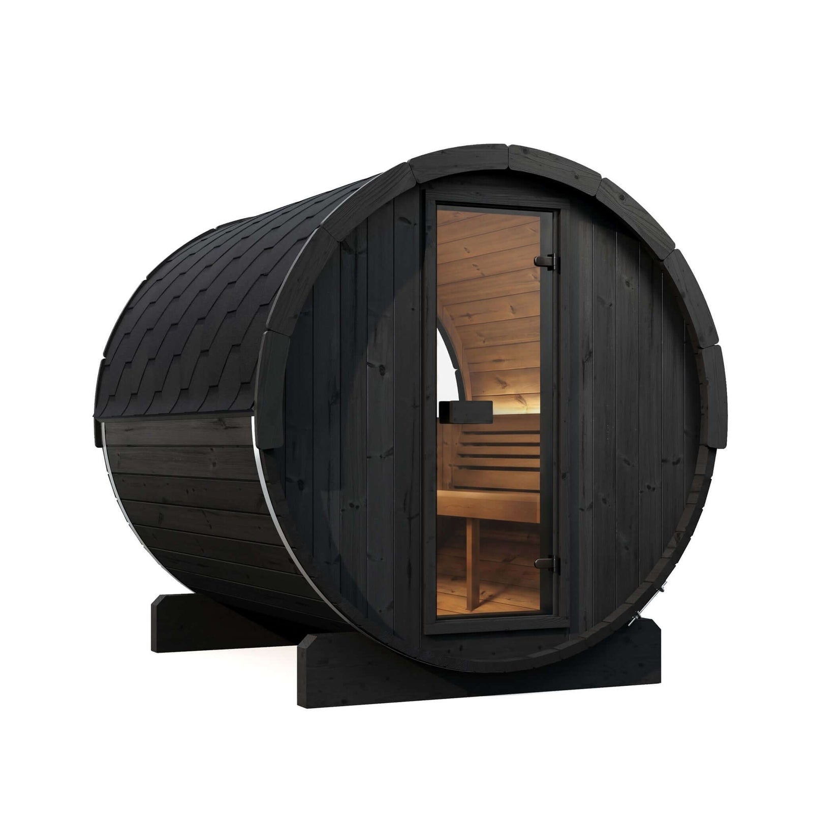 SaunaLife E8WB modern wooden sauna cabin with a dark charcoal-black exterior and a warm wood interior, shown on a plain white background.