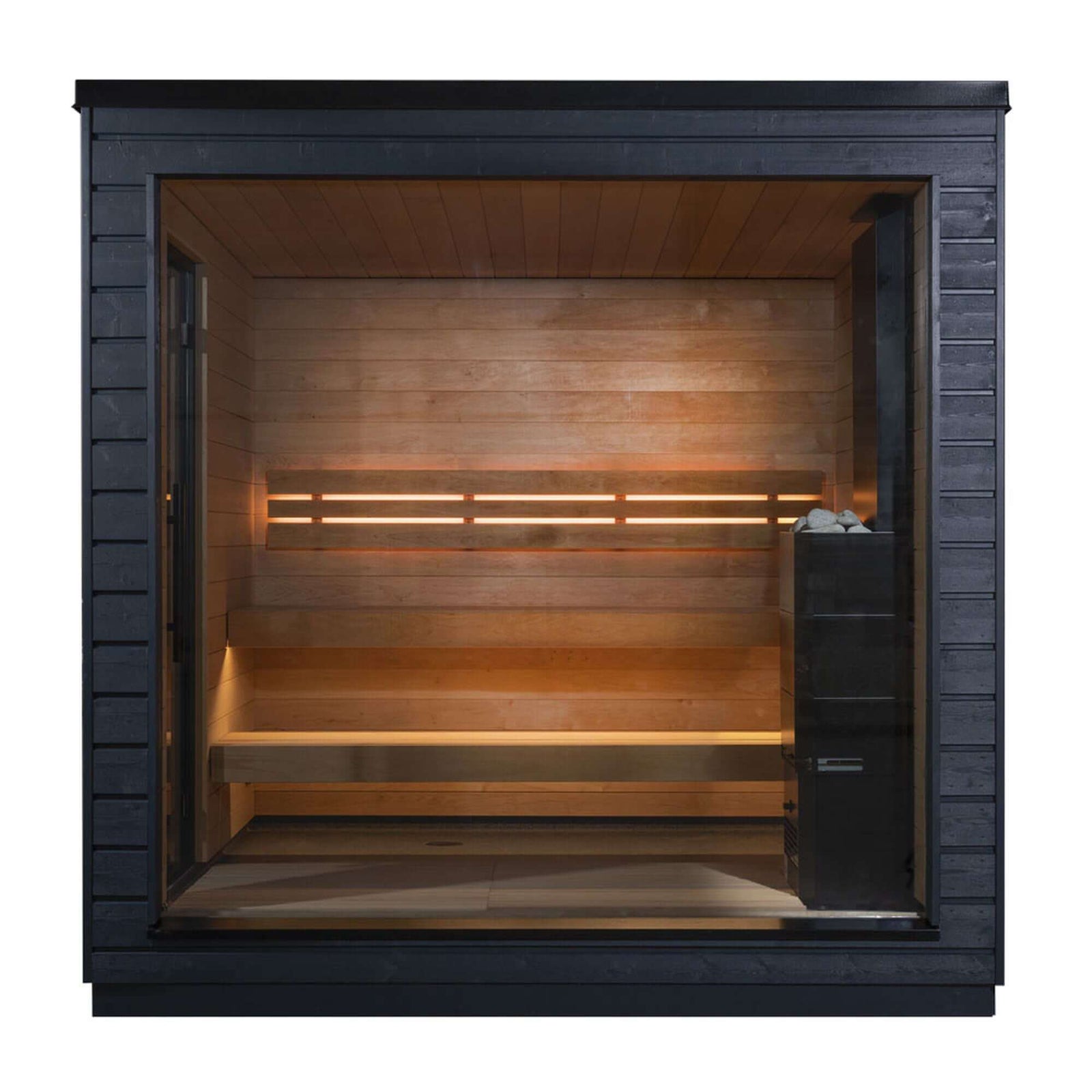 SaunaLife G6 wooden sauna with black frame on a white background