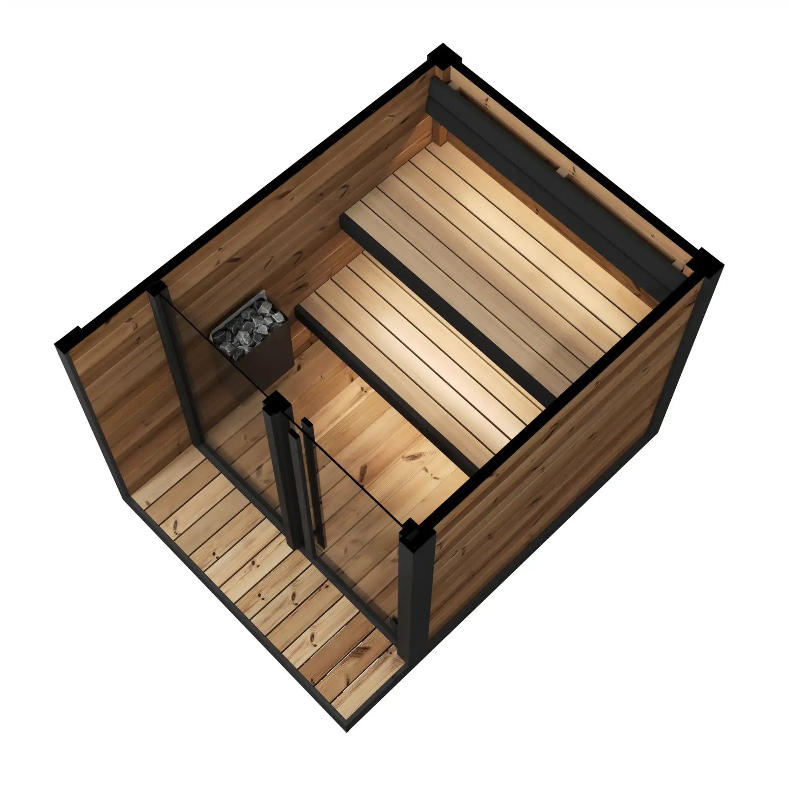 Top-down view of the GL4 wooden sauna by SaunaLife, with black metal frame on a white background.