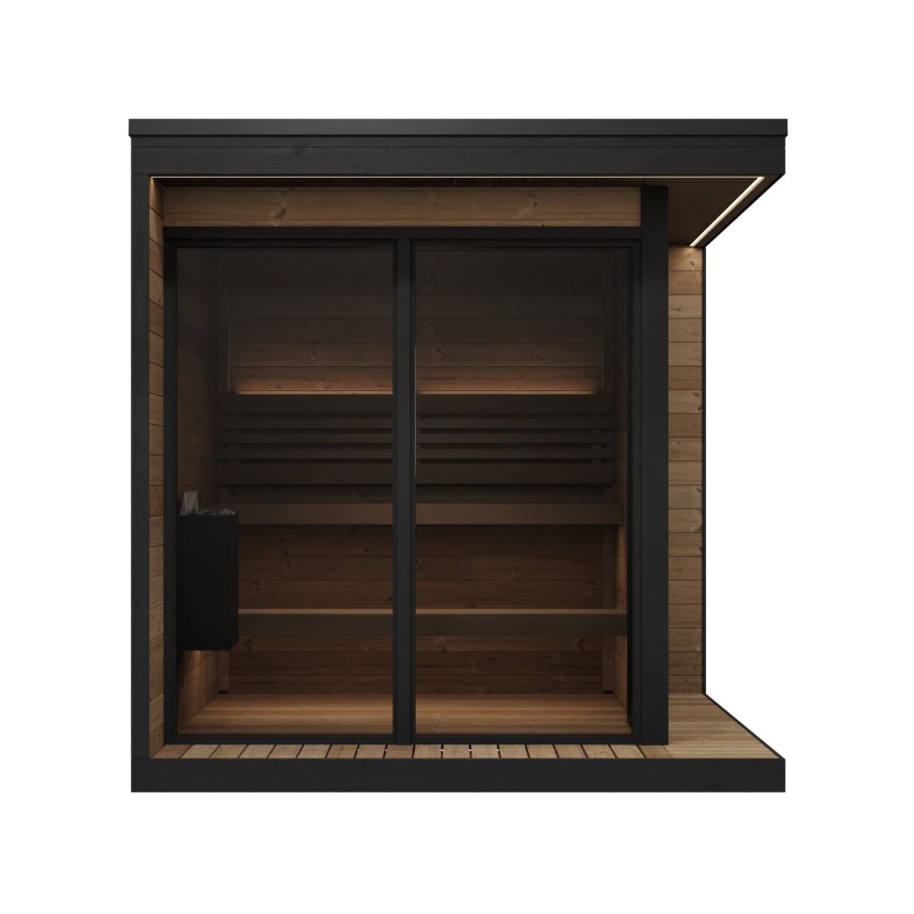 SaunaLife GL6 wooden sauna with black exterior on a white background