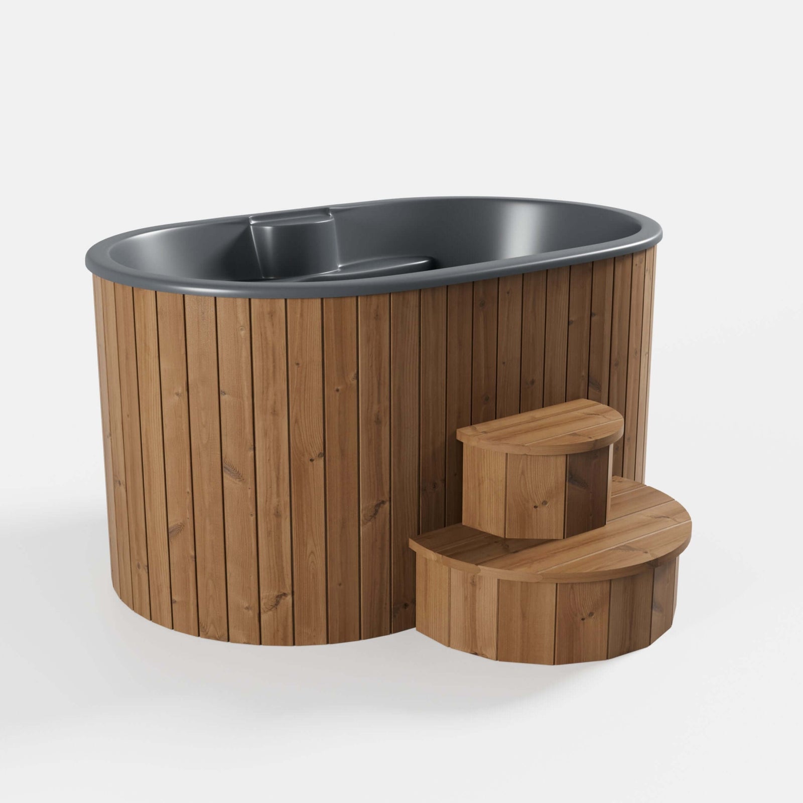 SaunaLife 2-person s2n cold/hot plunge tub made of thermo-pine wood with ergonomic fiberglass interior, featuring a natural wood exterior and matching access stairs.