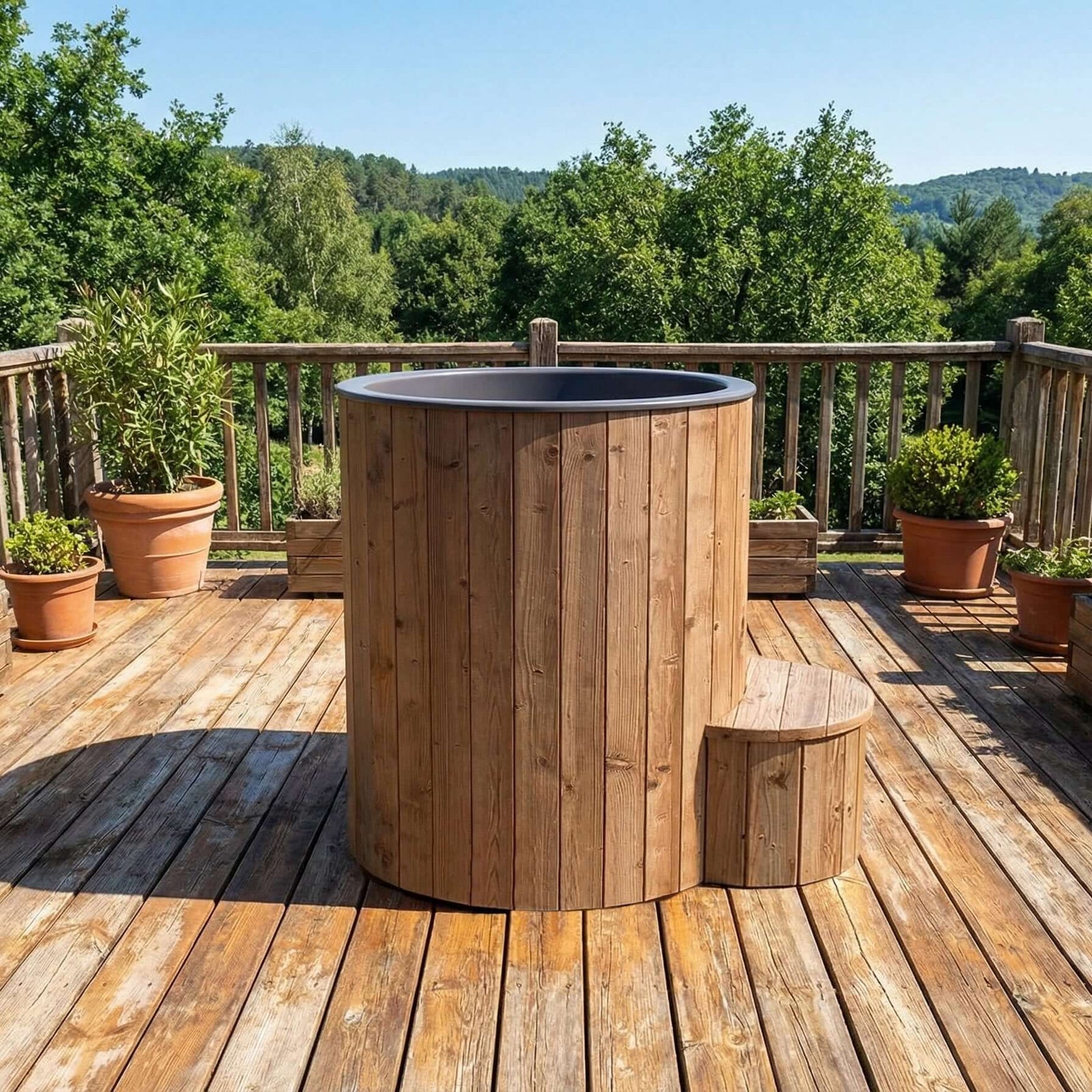 Wooden SaunaLife S1N hot tub on a wooden deck with potted plants and a scenic background