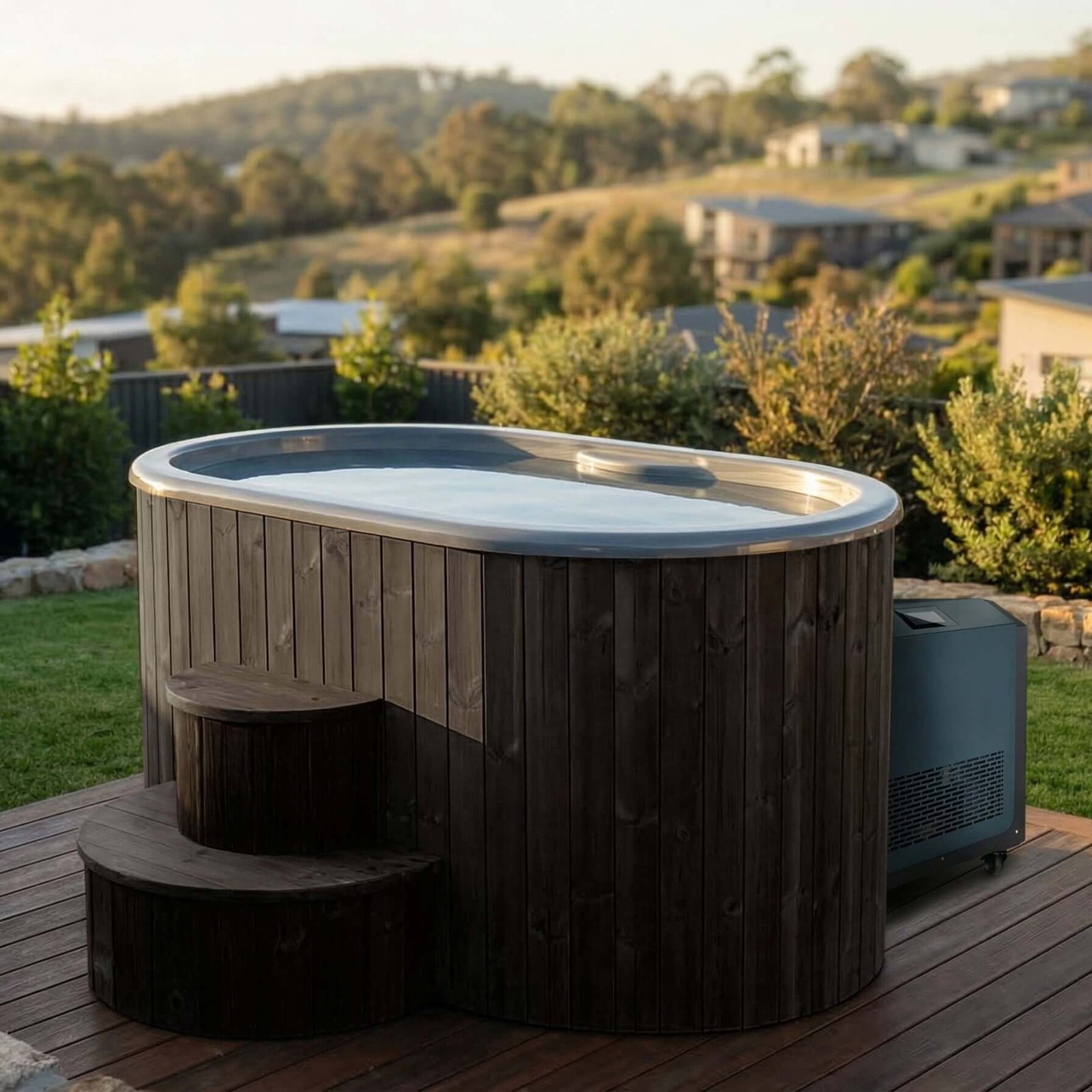 SaunaLife S2B black wooden cold/hot plunge tub made of thermo-pine wood with matching black stairs, designed for two persons, on a wooden deck with a scenic background