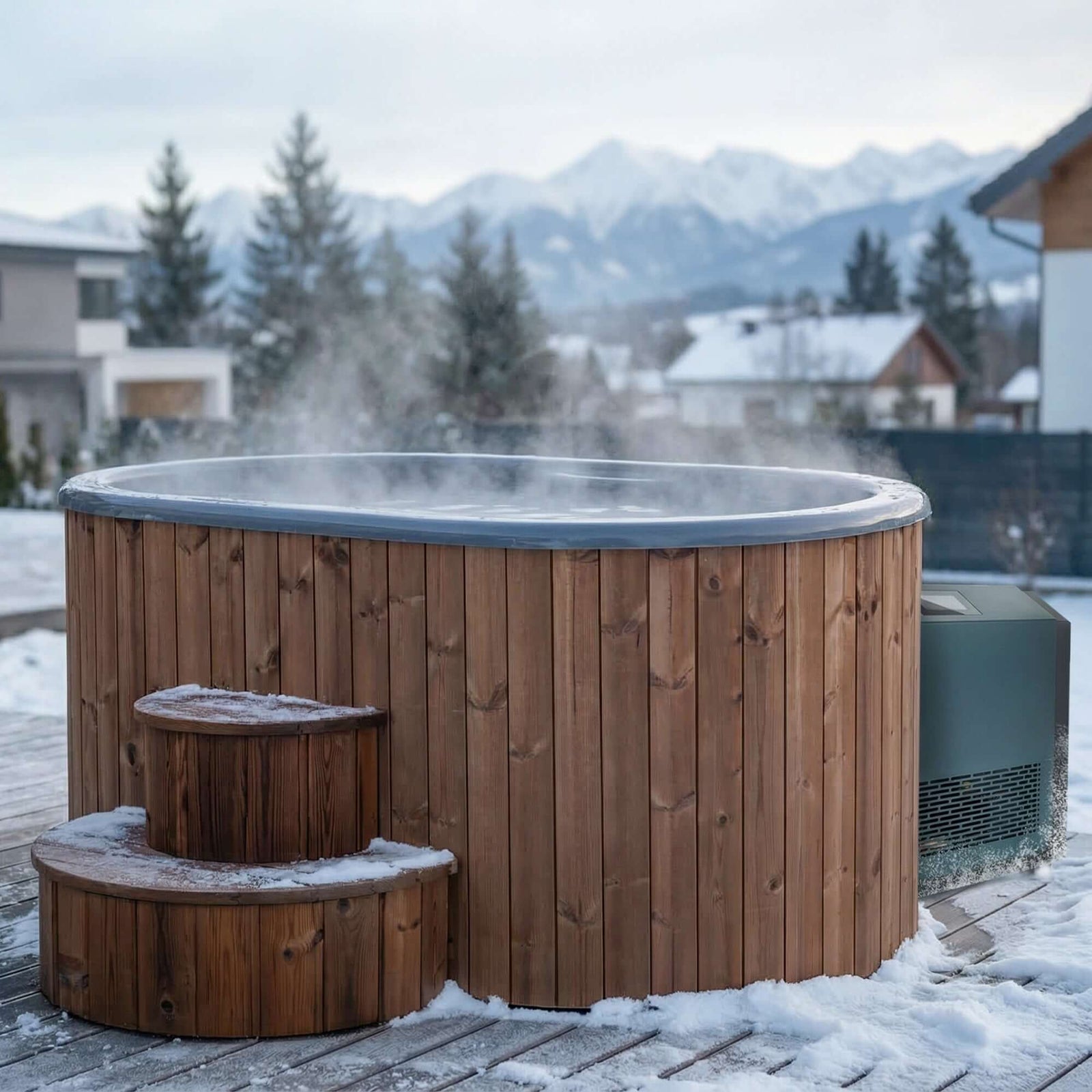 Wooden Saunalife S2N immersion tub and the SaunaLife AP-1 water heater/chiller, with steam rising from the tub in a snowy outdoor setting with houses and mountains in the background.