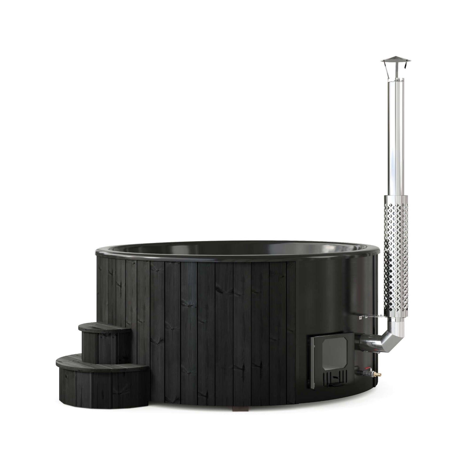 Black SaunaLife S6B wood-fired hot tub on a white background