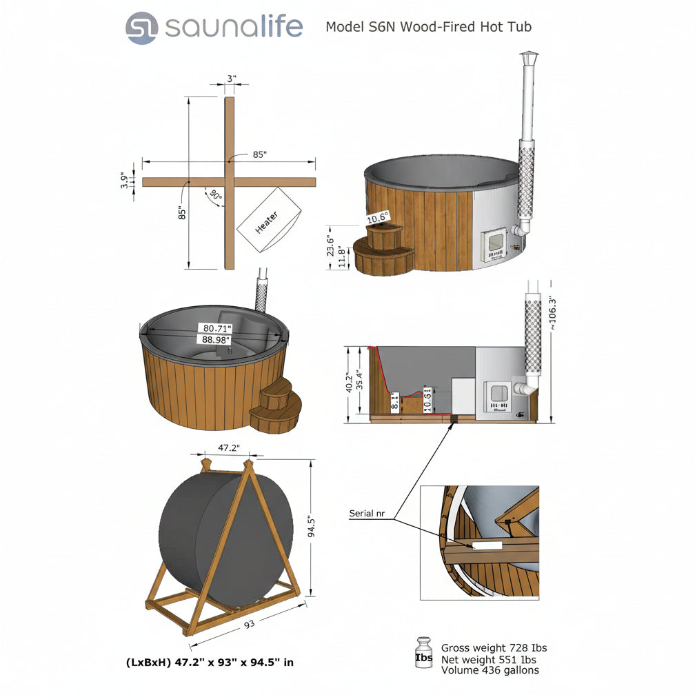 Technical drawing and dimensions of the S4N wood-fired hot tub by Saunalife