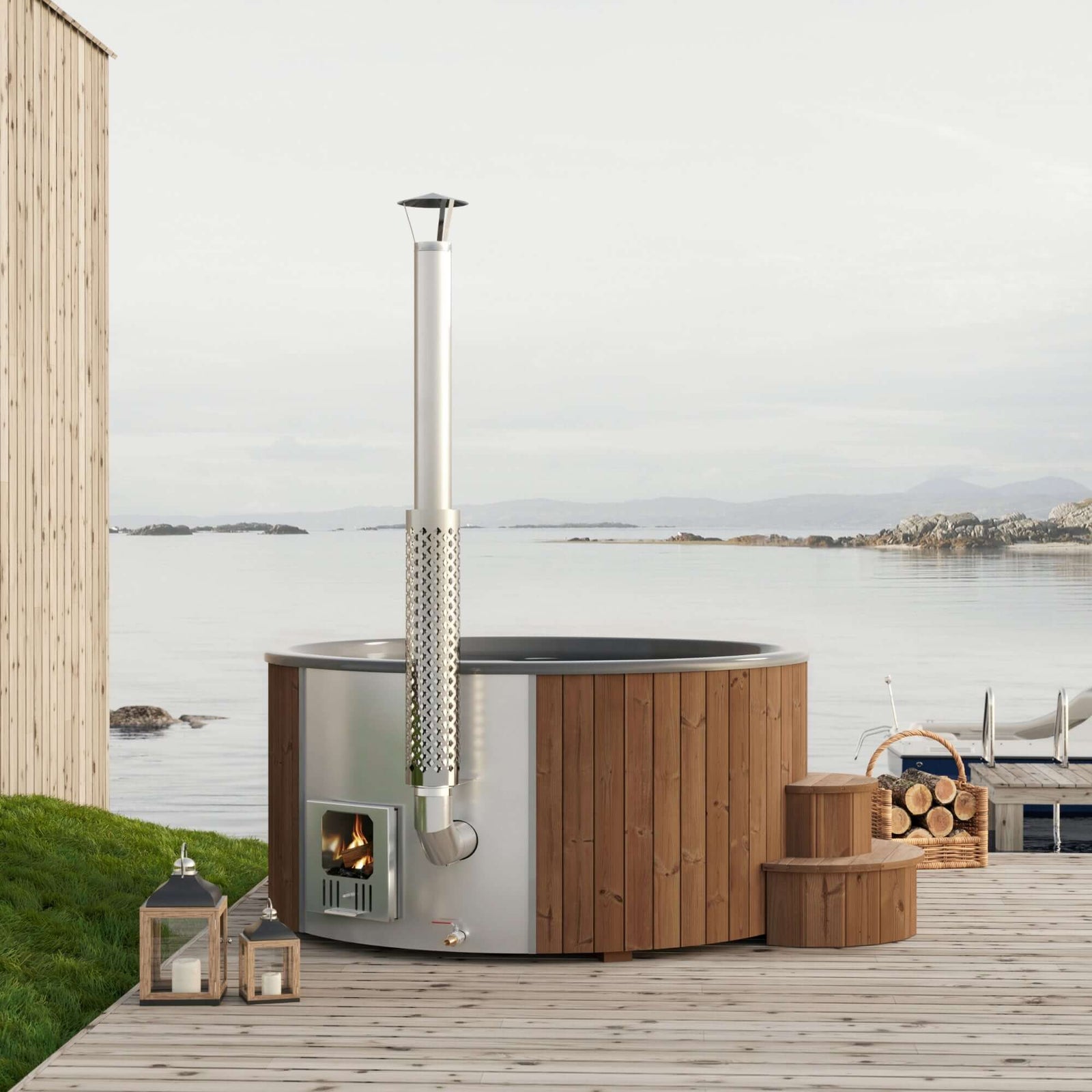 SaunaLife S6N wood-fired hot tub on a deck with a scenic view of water and sky.