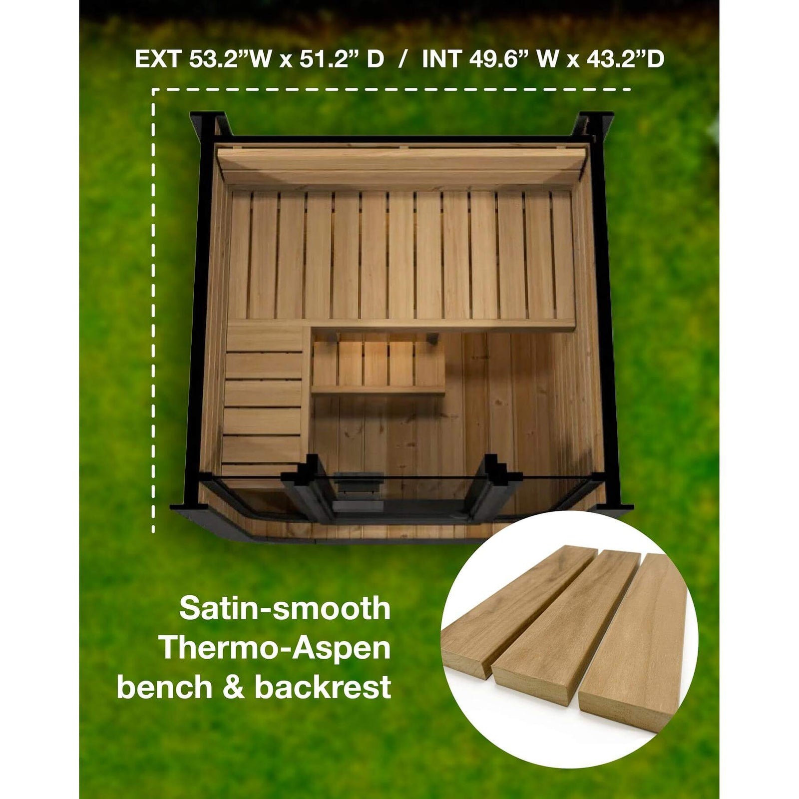 Top view of the SaunaLife CL3G sauna interior showing satin-smooth Thermo-Aspen bench and backrest.