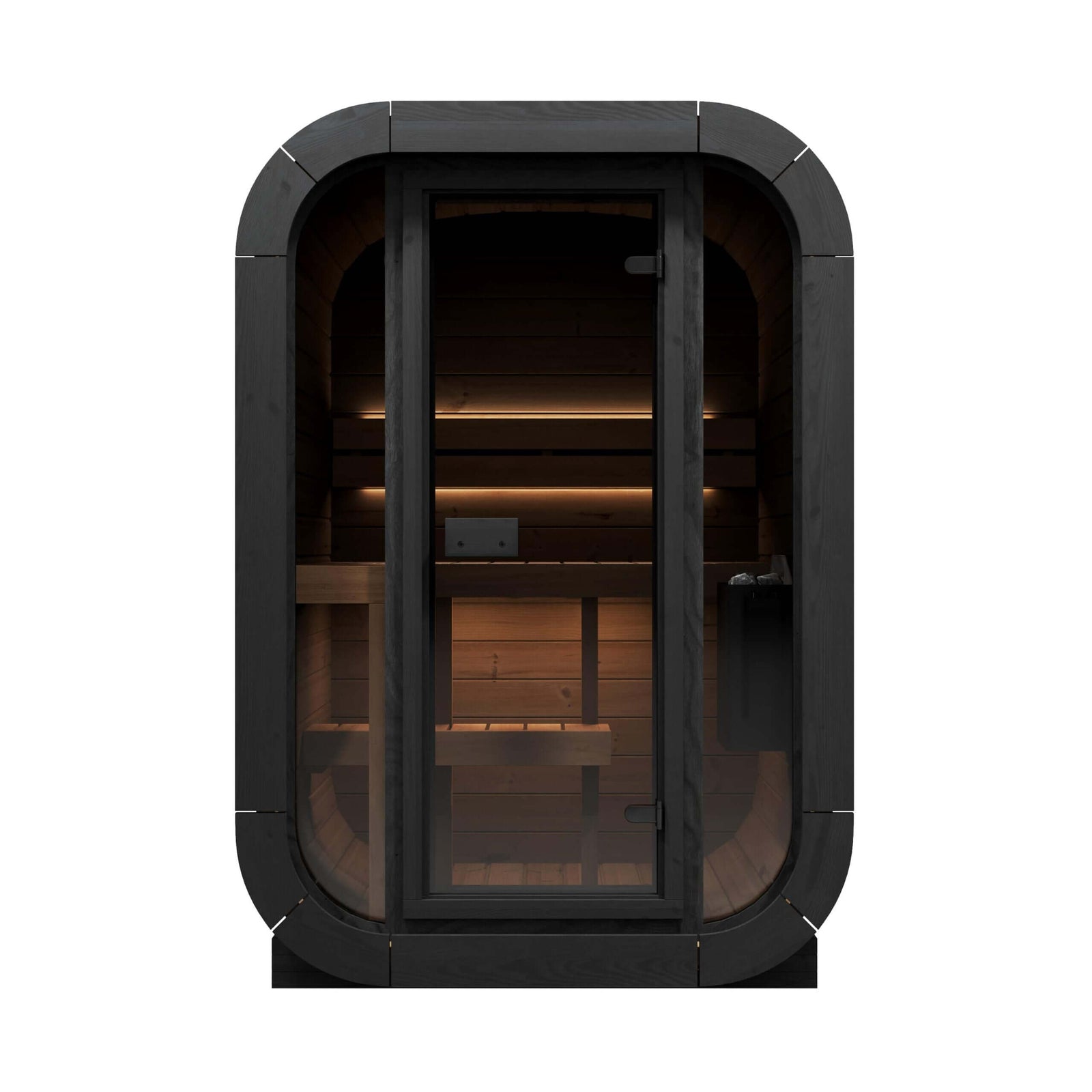 SaunaLife CL3G front view of the 2-Person Cube-Series Outdoor Sauna Kit with a sleek design and glass door.