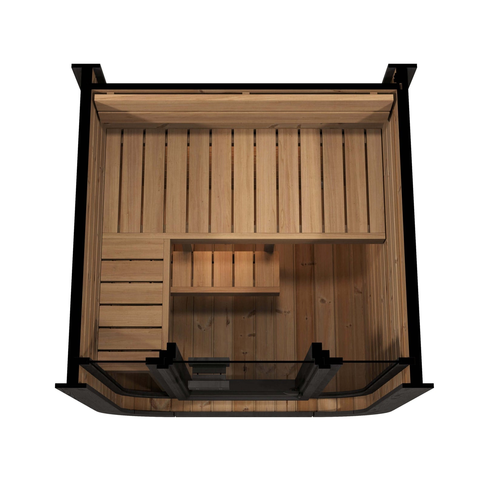 Top view of SaunaLife CL3G 2-Person Cube-Series Outdoor Sauna interior, featuring wooden benches and glass front.