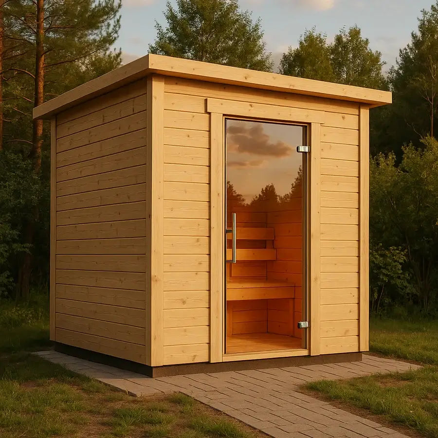 SaunaLife G2 wooden traditional sauna with glass door in a forest setting.