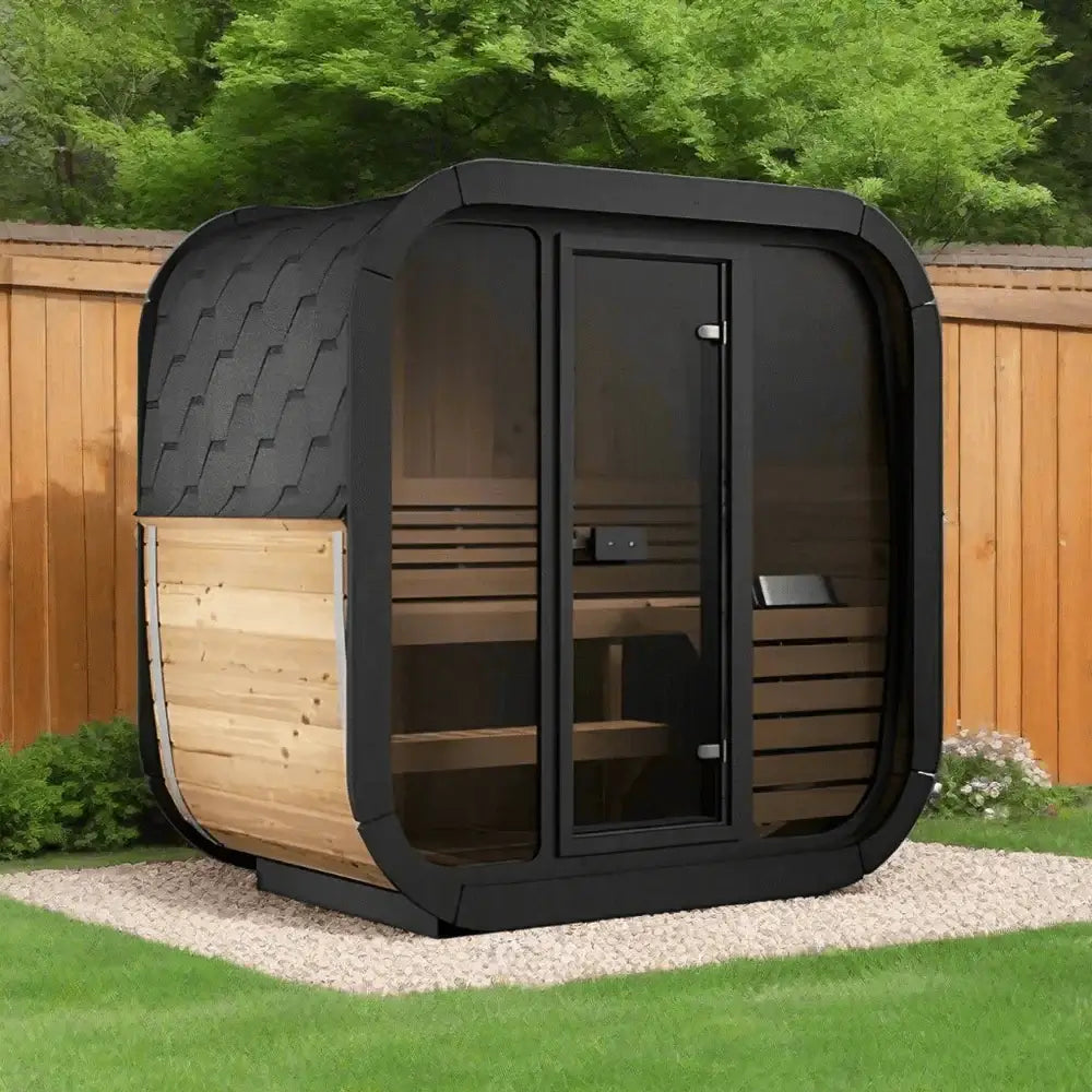 SaunaLife CL4G modern outdoor sauna kit with bronze-tinted glass, designed for three people, surrounded by greenery.