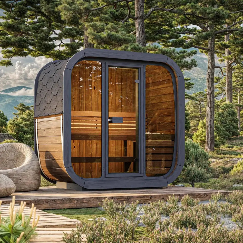 SaunaLife CL4G 3-Person Cube-Series Outdoor Sauna Kit in a natural setting surrounded by trees.