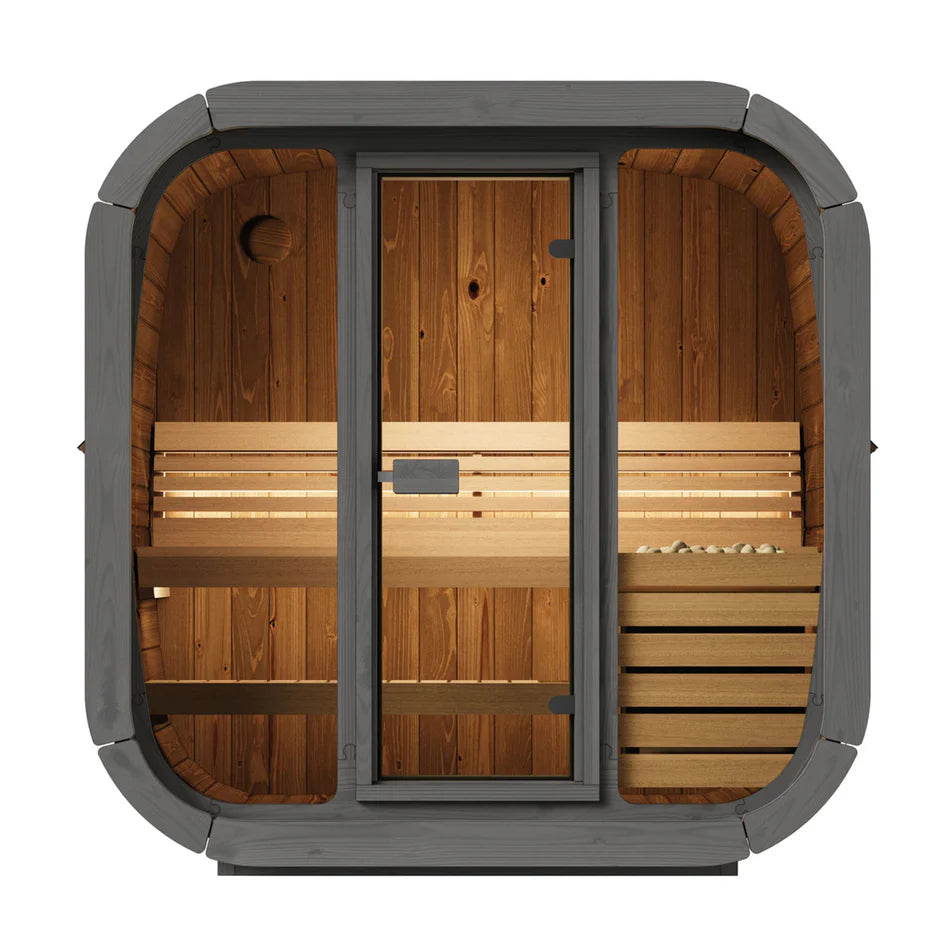 Inside view of SaunaLife CL4G 3-Person Cube-Series Outdoor Sauna Kit showing wooden benches and full glass front.