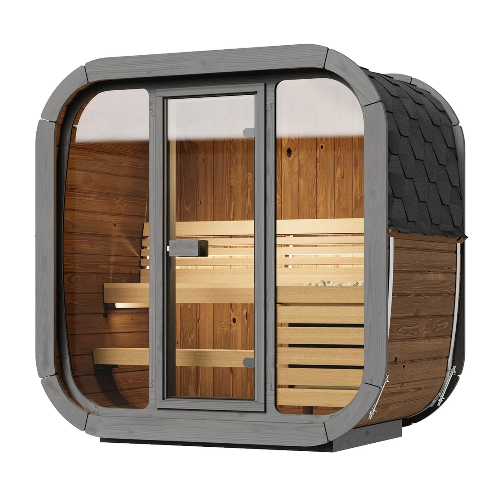 SaunaLife CL4G 3-Person Cube-Series Outdoor Sauna Kit featuring a modern design and bronze-tinted tempered glass front.