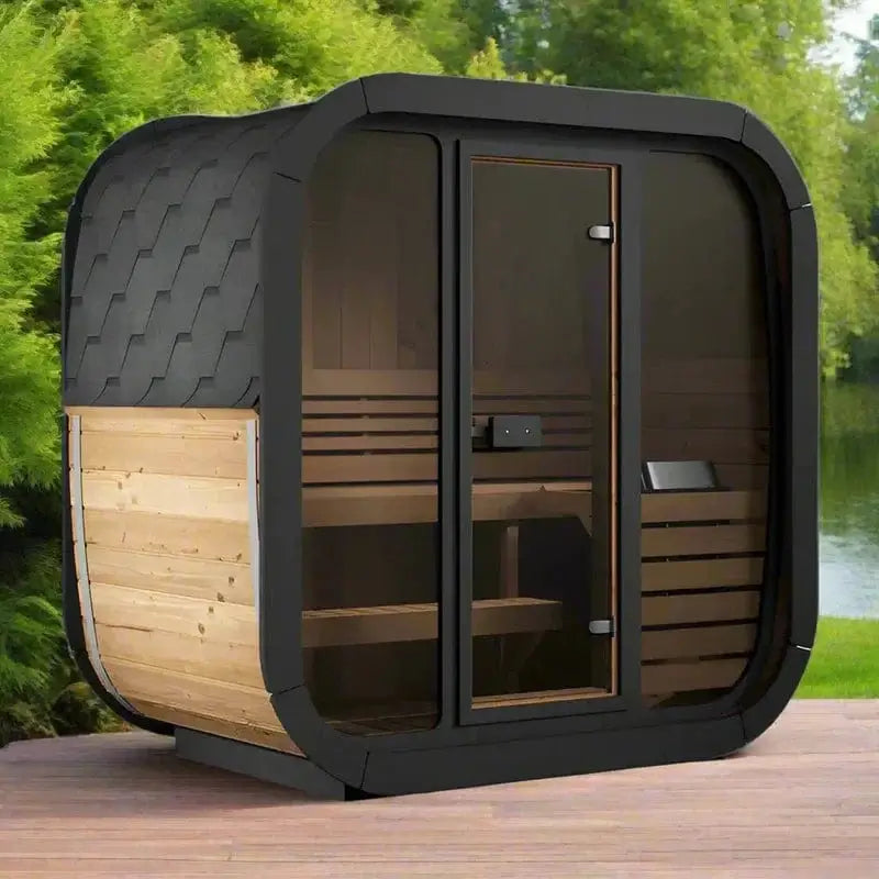 SaunaLife CL4G 3-Person Cube-Series Outdoor Sauna Kit with modern design and tempered glass front.