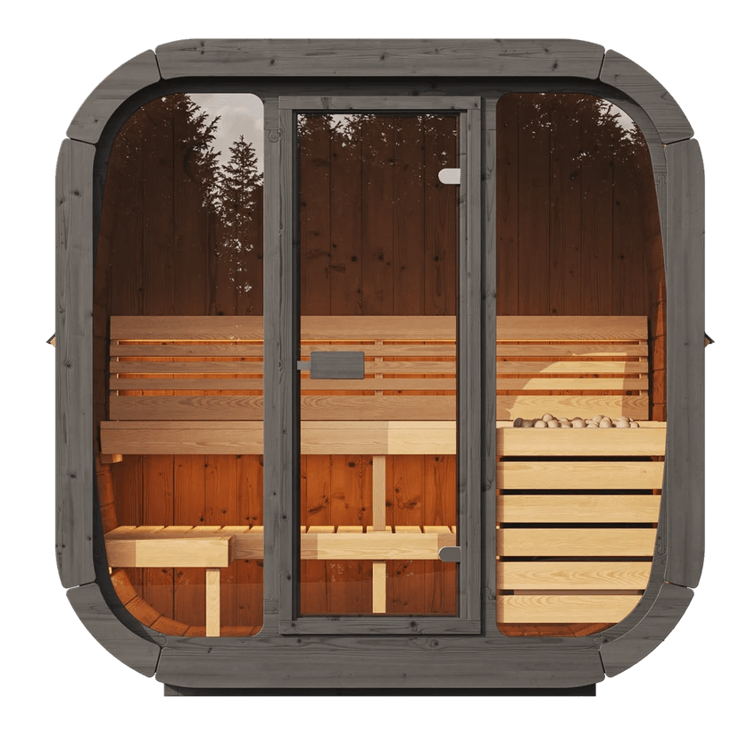 SaunaLife CL5G 4-Person Cube-Series Outdoor Sauna Kit interior view with wooden benches and sauna heater with stones.