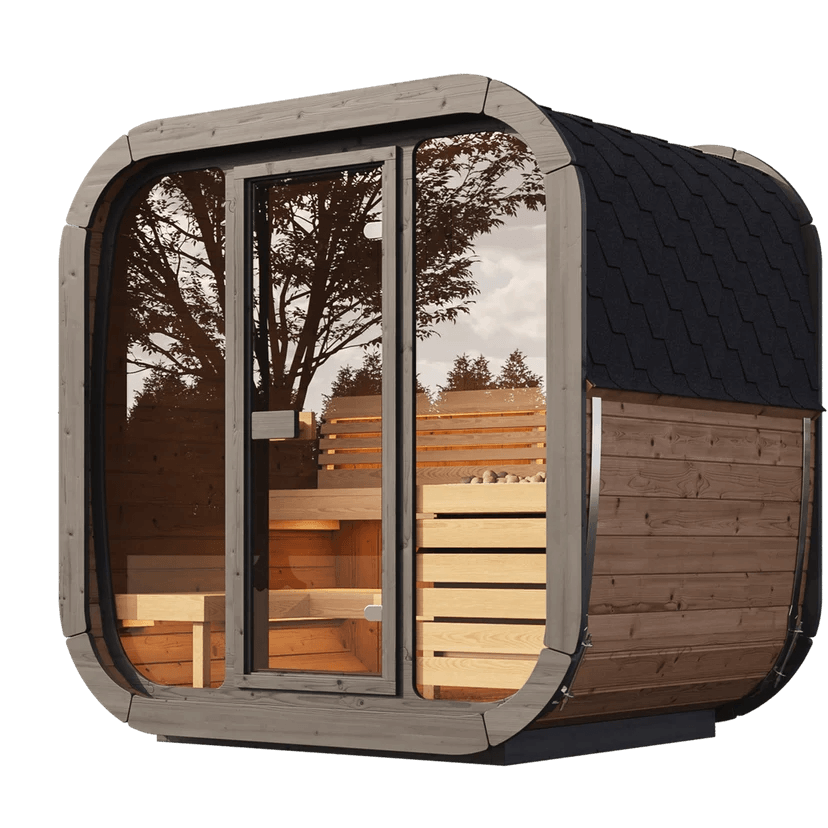 SaunaLife CL5G 4-Person Cube-Series Outdoor Sauna Kit with large windows and wooden interior.