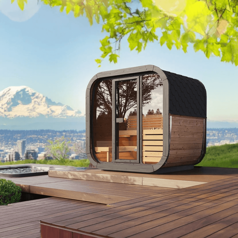 SaunaLife CL5G 4-person outdoor cube sauna kit in scenic mountain setting.