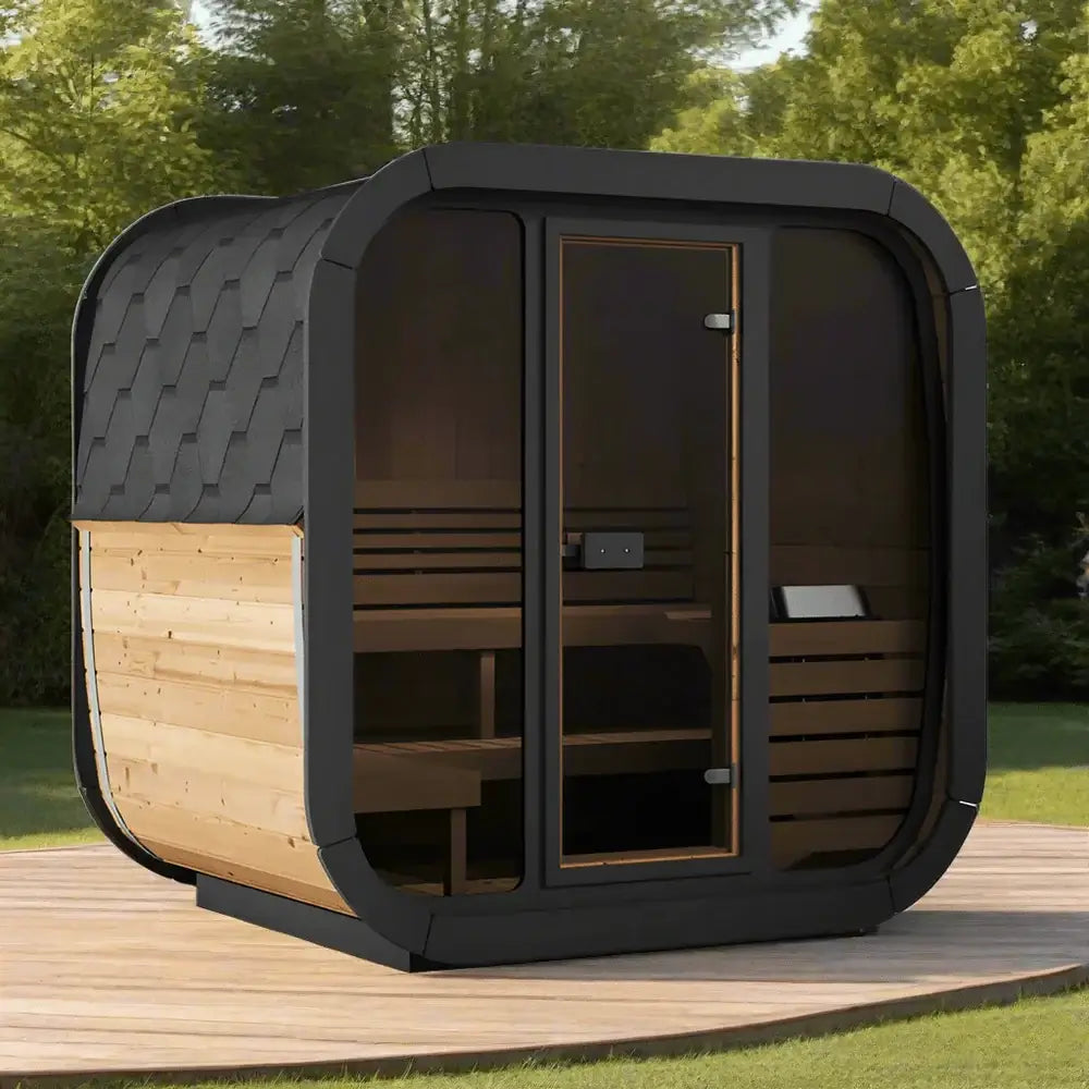 SaunaLife CL5G 4-Person Cube-Series Outdoor Sauna Kit on a wooden deck surrounded by greenery.
