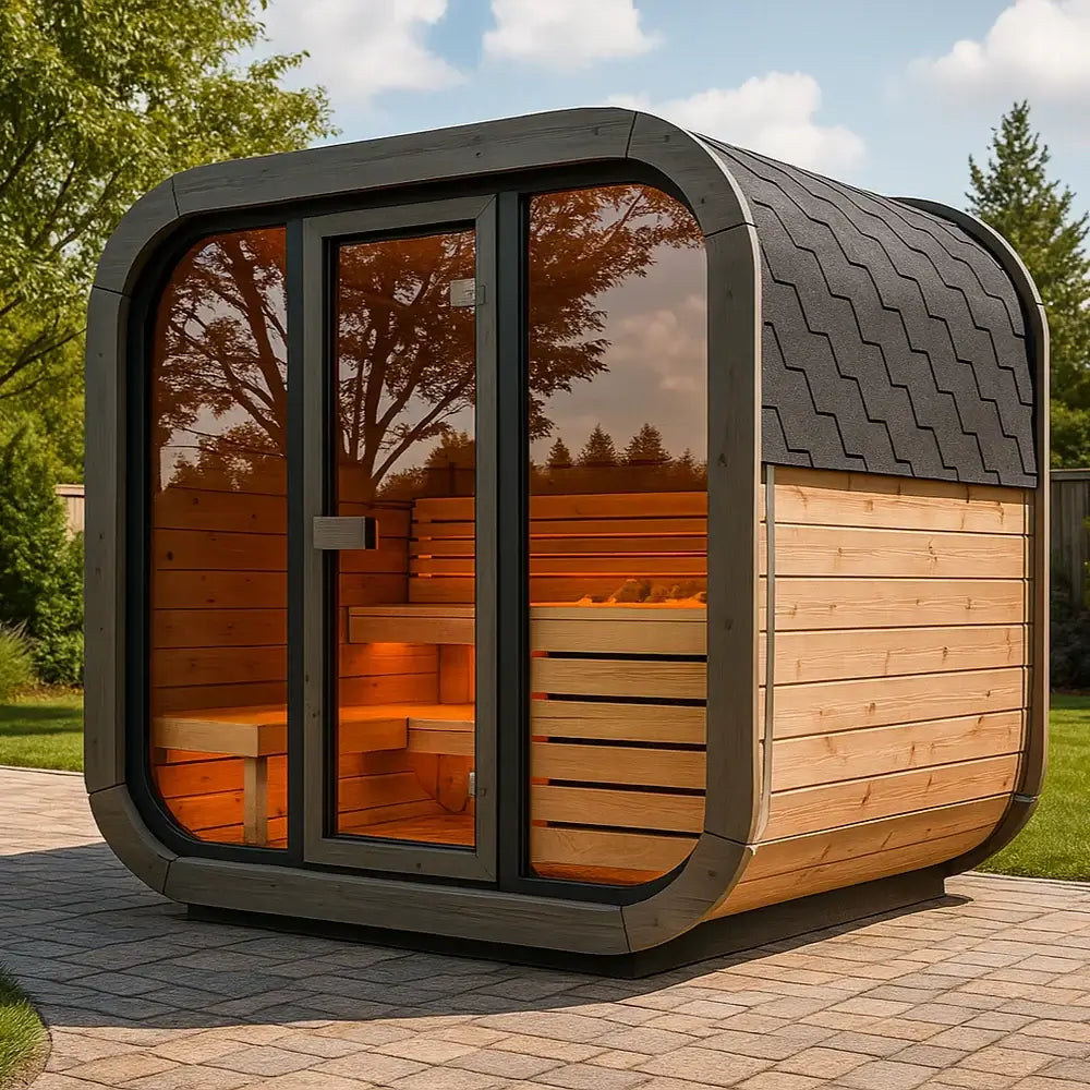 SaunaLife CL5G 4-person outdoor sauna kit featuring a modern cube design and warm interior lighting.