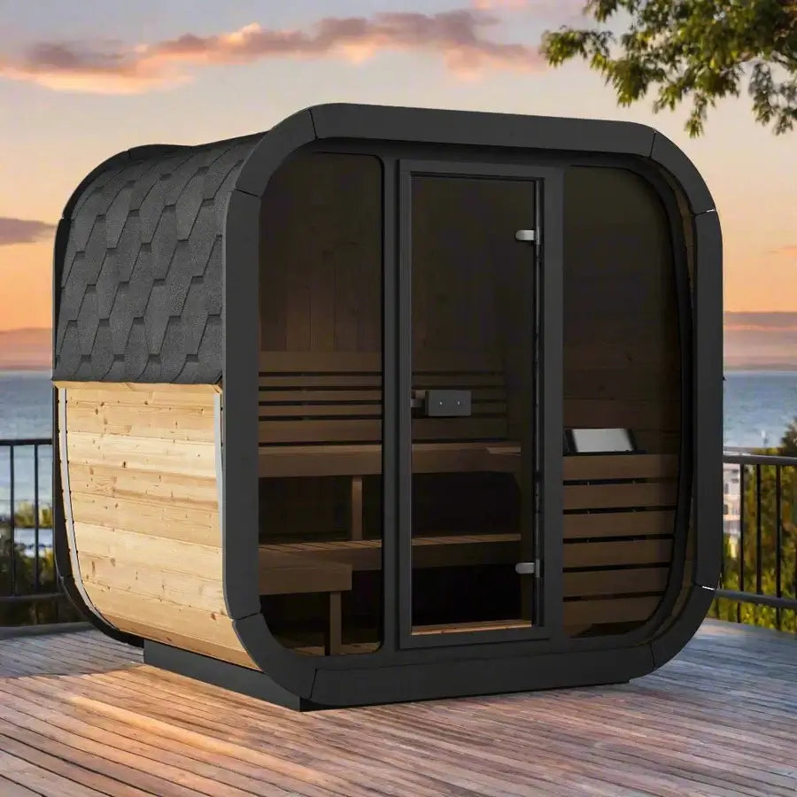 SaunaLife CL5G 4-person outdoor cube sauna kit with modern design and scenic background.