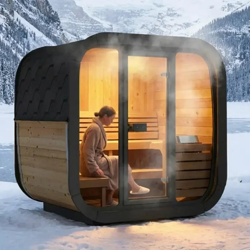 SaunaLife CL5G 4-person Cube-Series outdoor sauna kit with person inside, surrounded by winter landscape.