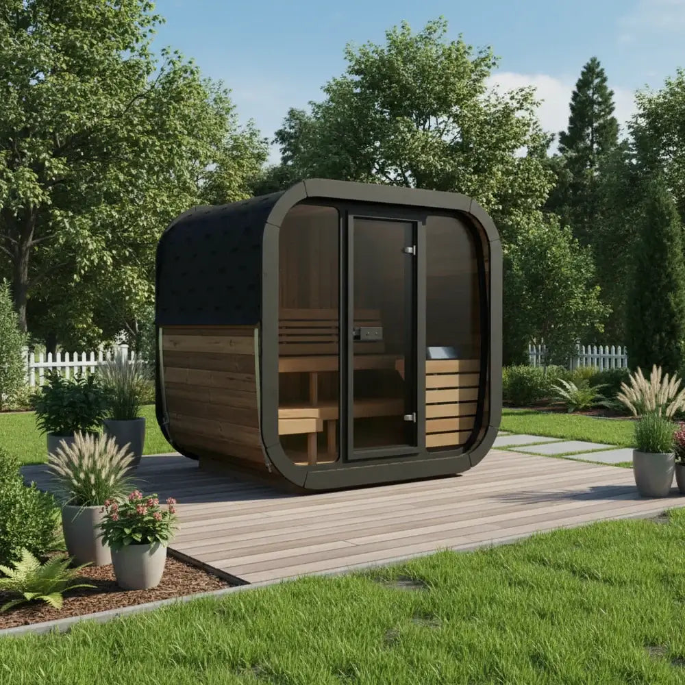 SaunaLife CL5G outdoor sauna kit for four people in a scenic backyard setting.