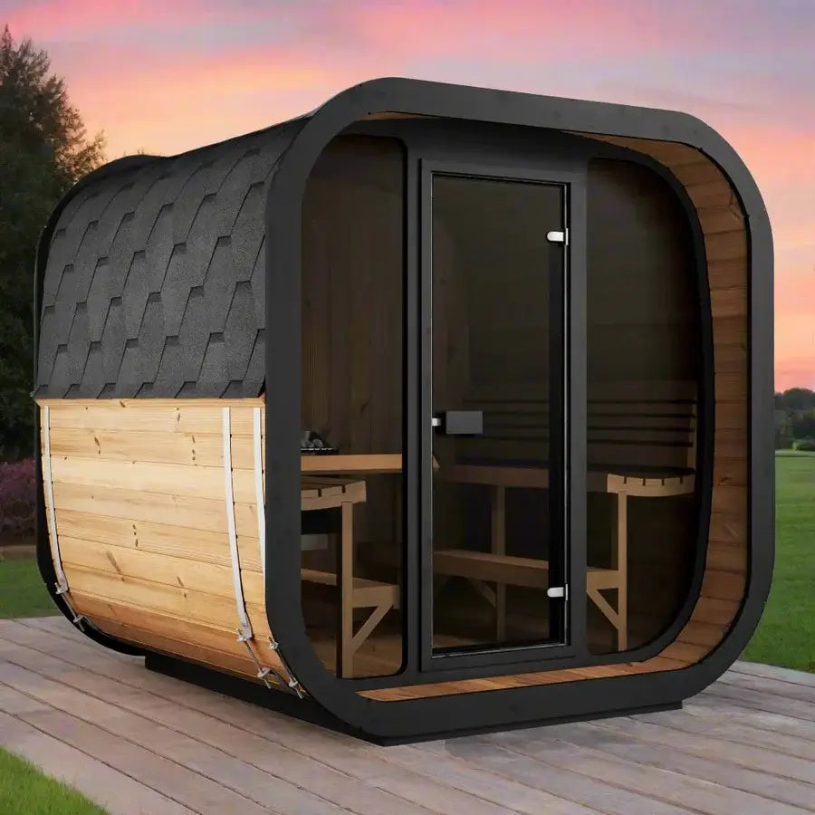 SaunaLife CL7G outdoor sauna kit showcasing a modern Cube design with bronze-tinted glass and wooden accents.