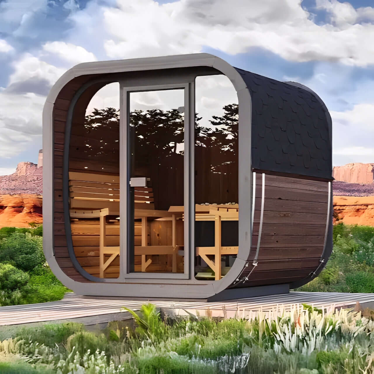 SaunaLife CL7G 6-Person Outdoor Cube Sauna Kit in a scenic setting with modern design and glass front.