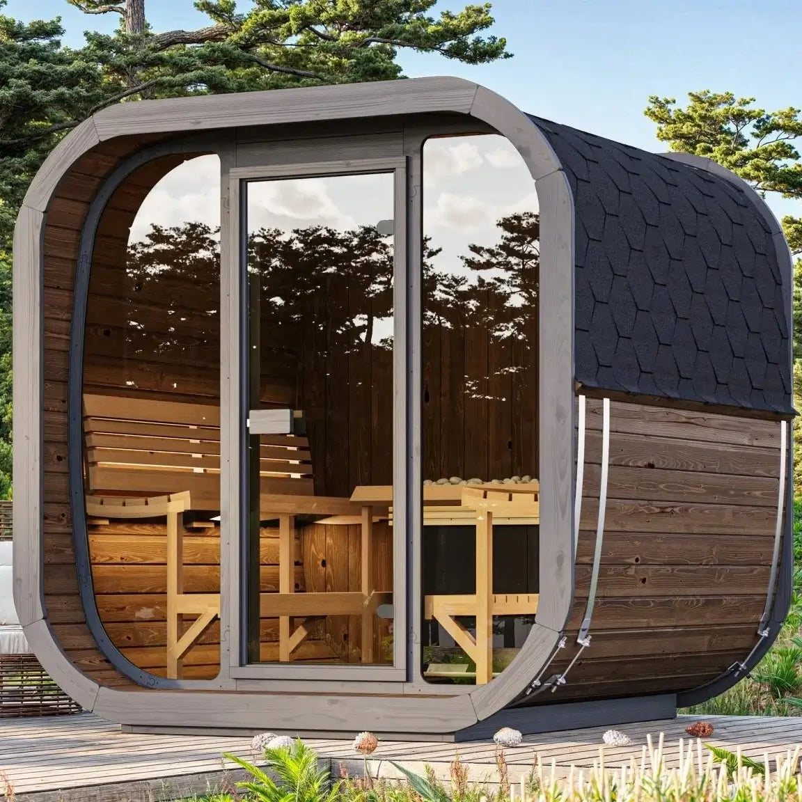 SaunaLife CL7G 6-Person Cube-Series Outdoor Sauna Kit with modern design and glass front wall.