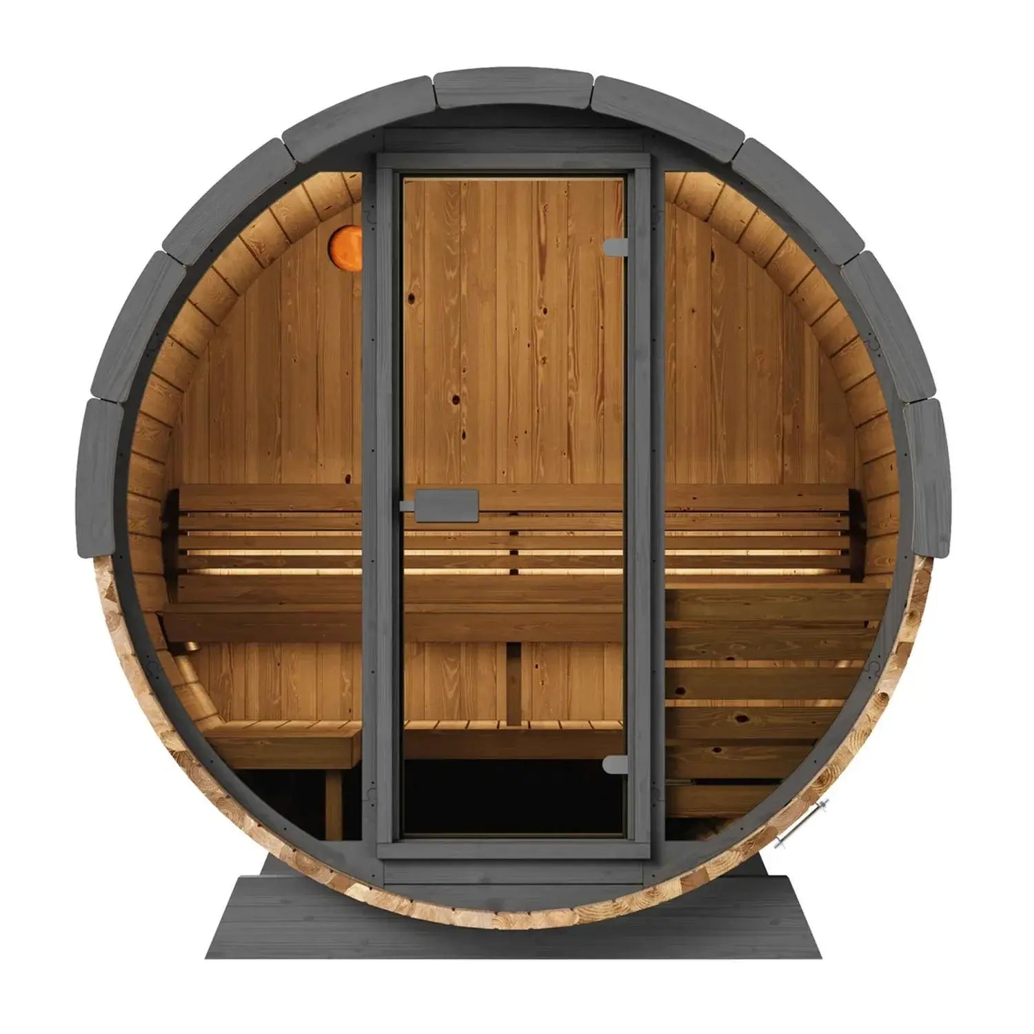 SaunaLife wooden EE6G barrel sauna with a glass door on a white background