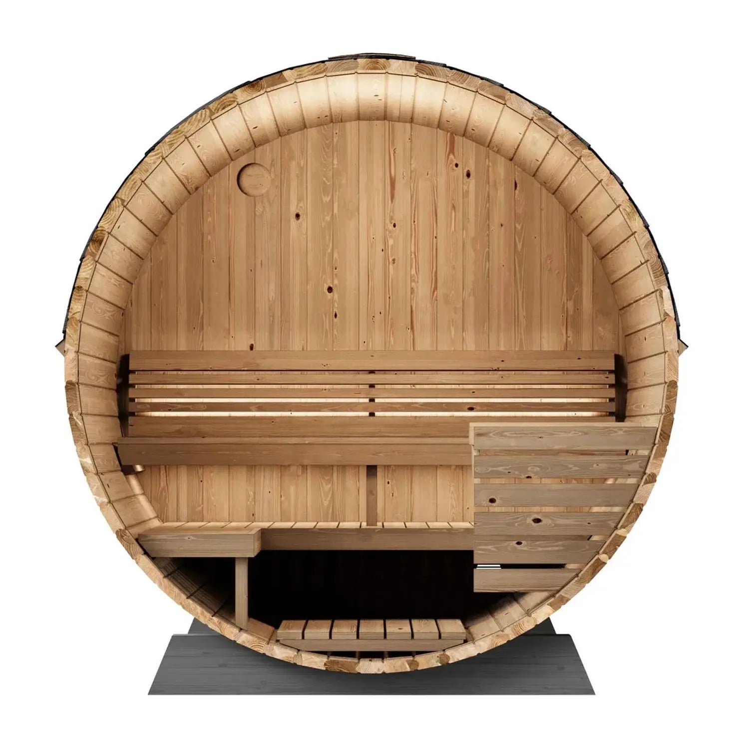SaunaLife EE6G wooden barrel sauna with benches on a white background