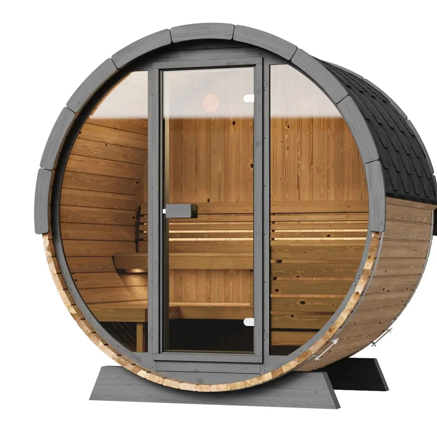 SaunaLife wooden barrel-shaped sauna with glass door on a white background