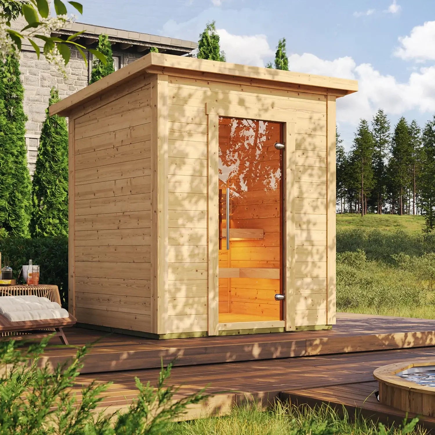SaunaLife G2 outdoor wooden sauna with a glass door on a wooden deck surrounded by greenery.