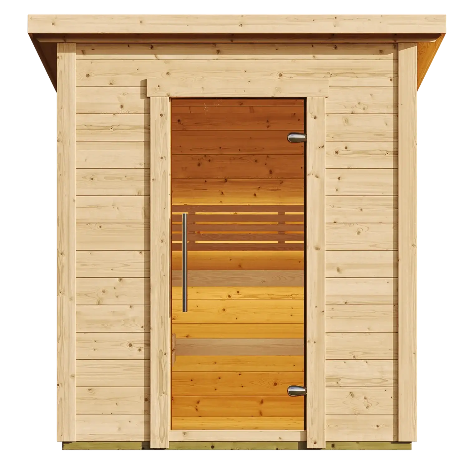 SaunaLife G2 outdoor sauna cabin with a glass door on a white background.