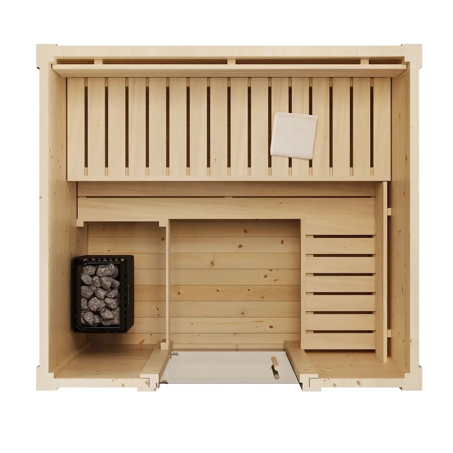 Interior layout of the SaunaLife G2 wooden sauna on a white background.