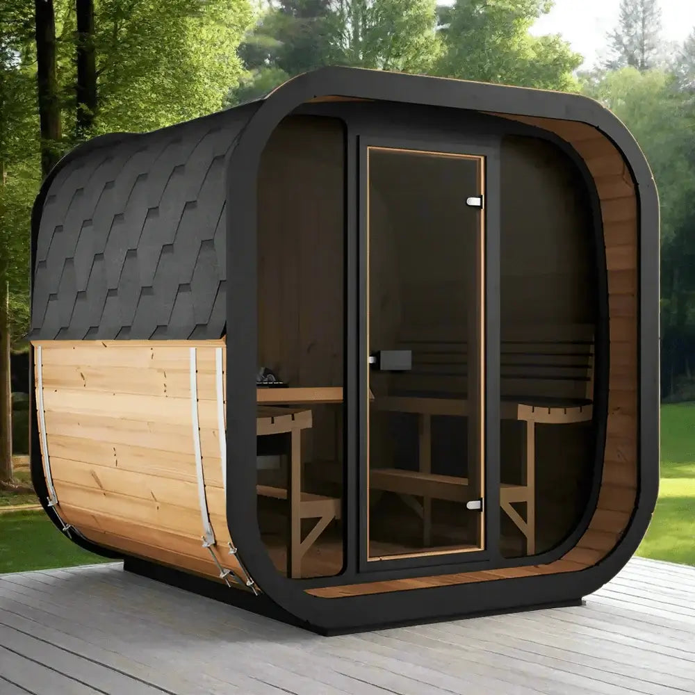 SaunaLife CL7G outdoor cube sauna kit designed for 6 persons, featuring modern aesthetic and spacious interior.
