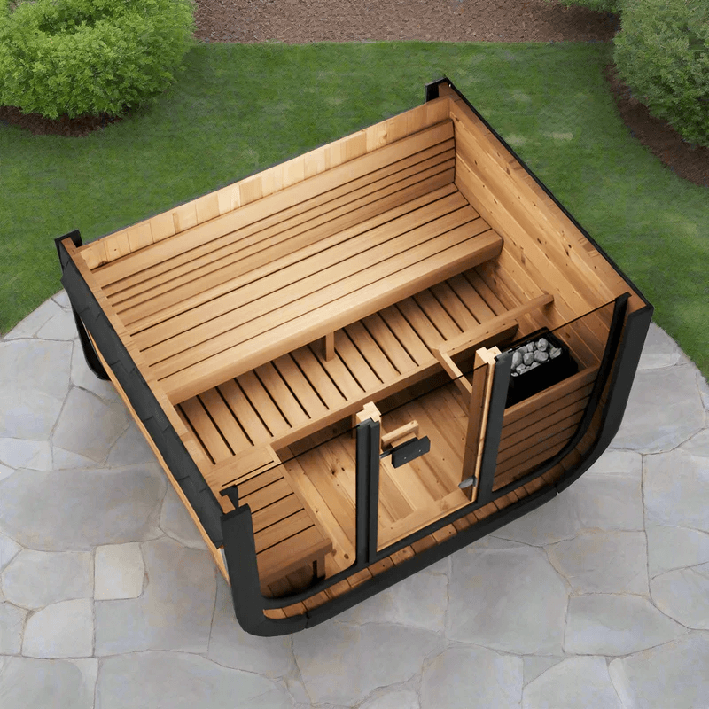 SaunaLife CL5G 4-Person Cube-Series Outdoor Sauna Kit with spacious interior seating and natural wood finish.