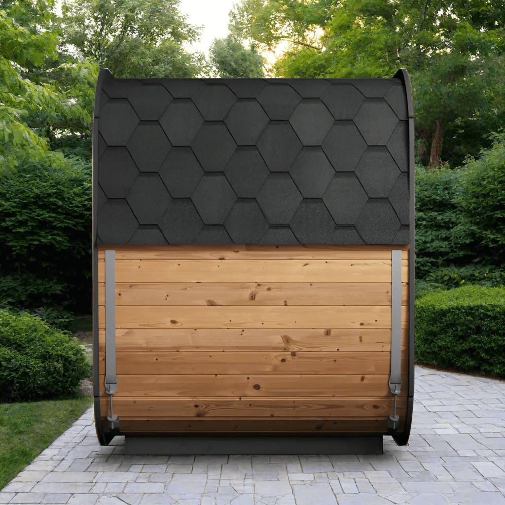 SaunaLife CL5G: 4-Person Cube-Series Outdoor Sauna Kit with a hexagonal roof design and wooden exterior.