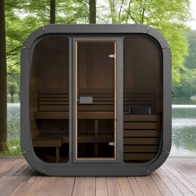SaunaLife CL5G 4-Person Outdoor Cube Sauna Kit displayed in a serene outdoor setting near a lake.