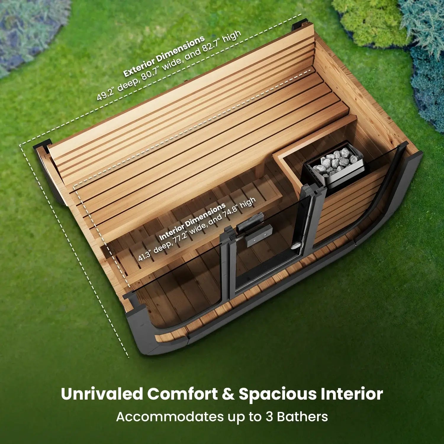 SaunaLife CL4G outdoor sauna interior dimensions showing space for 3 bathers with detailed measurements.