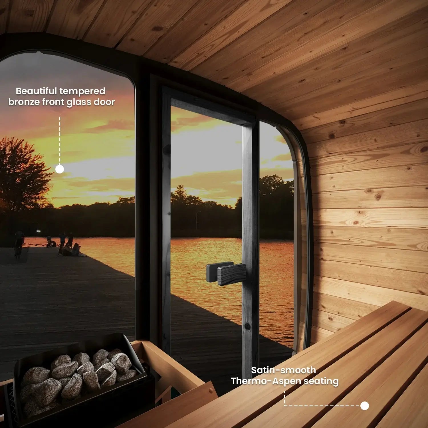 Interior view of SaunaLife CL4G showing bronze glass door and Thermo-Aspen seating.