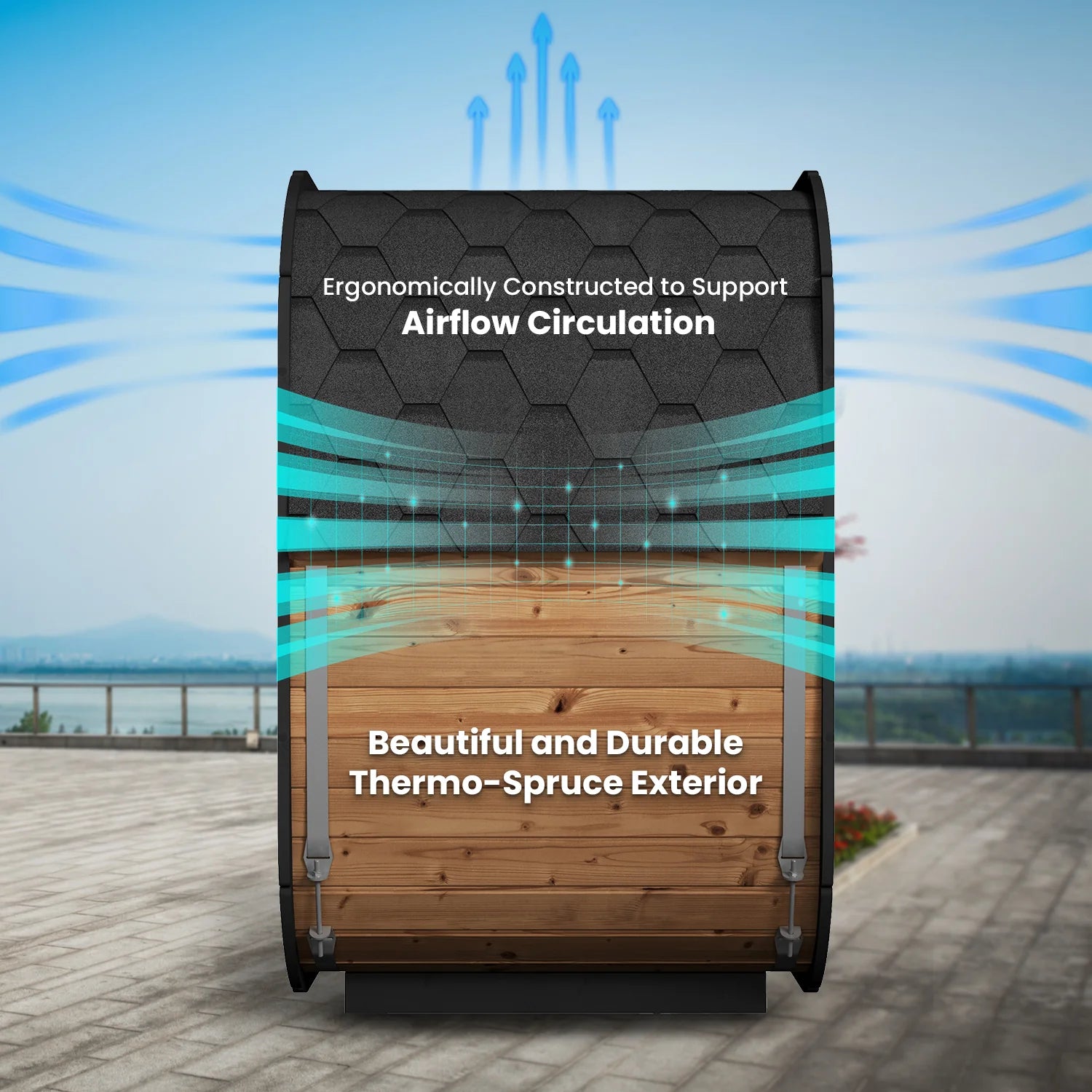 SaunaLife CL4G outdoor sauna with thermo-spruce exterior and airflow circulation design.