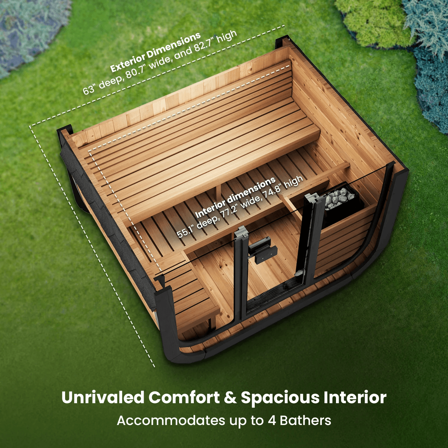SaunaLife CL5G outdoor sauna kit showing spacious interior dimensions for 4 bathers and comfortable seating.