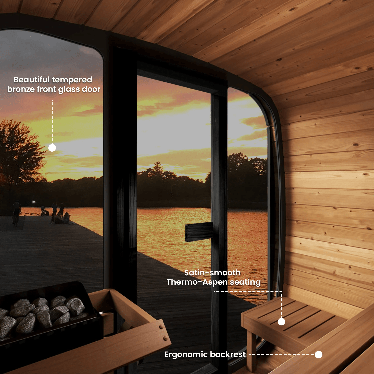 Interior view of SaunaLife CL5G with bronze glass door, Thermo-Aspen seating, and sunset background.