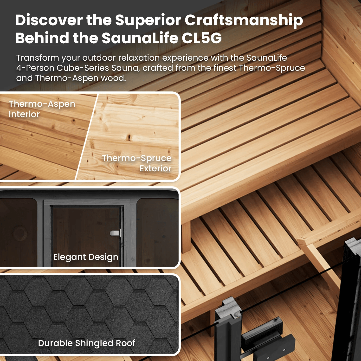Discover the superior craftsmanship of the SaunaLife CL5G 4-person outdoor sauna with thermo-spruce and thermo-aspen wood.